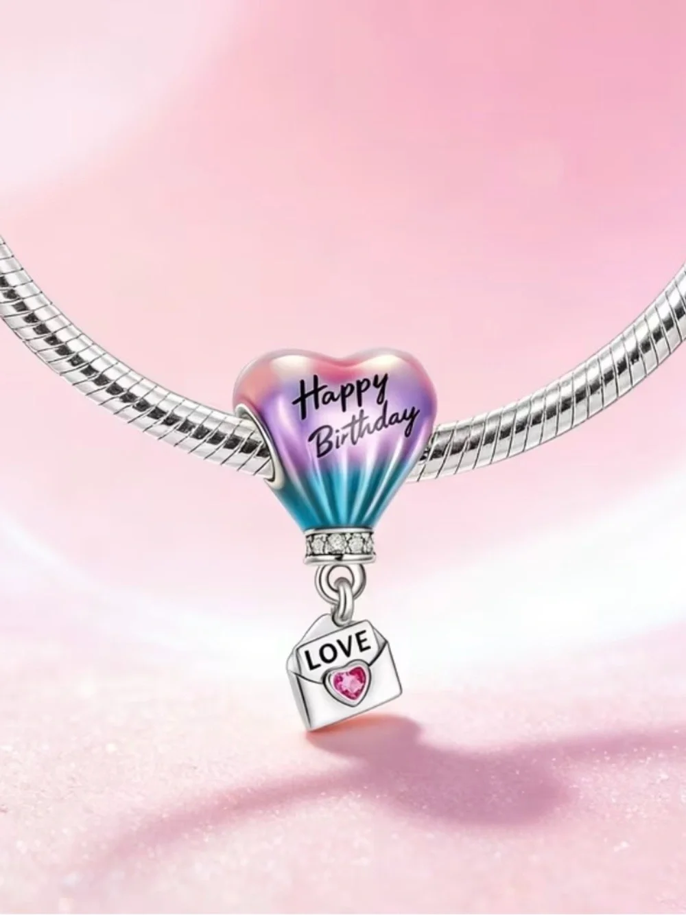 Sterling Silver Happy Birthday Hot Air Balloon Dangle Charm-NEW